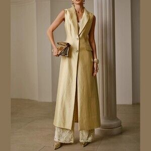 Champagne Gold Notched Lapel Sleeveless Long Trench Coat Vest